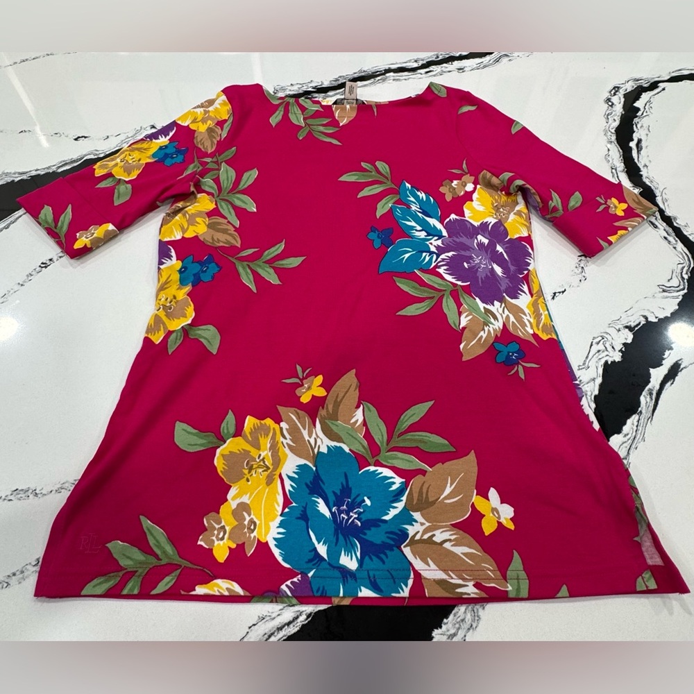 Lauren Ralph Lauren M Black Label Floral Cuffed Top/Tunic Pink Tropical EUC
